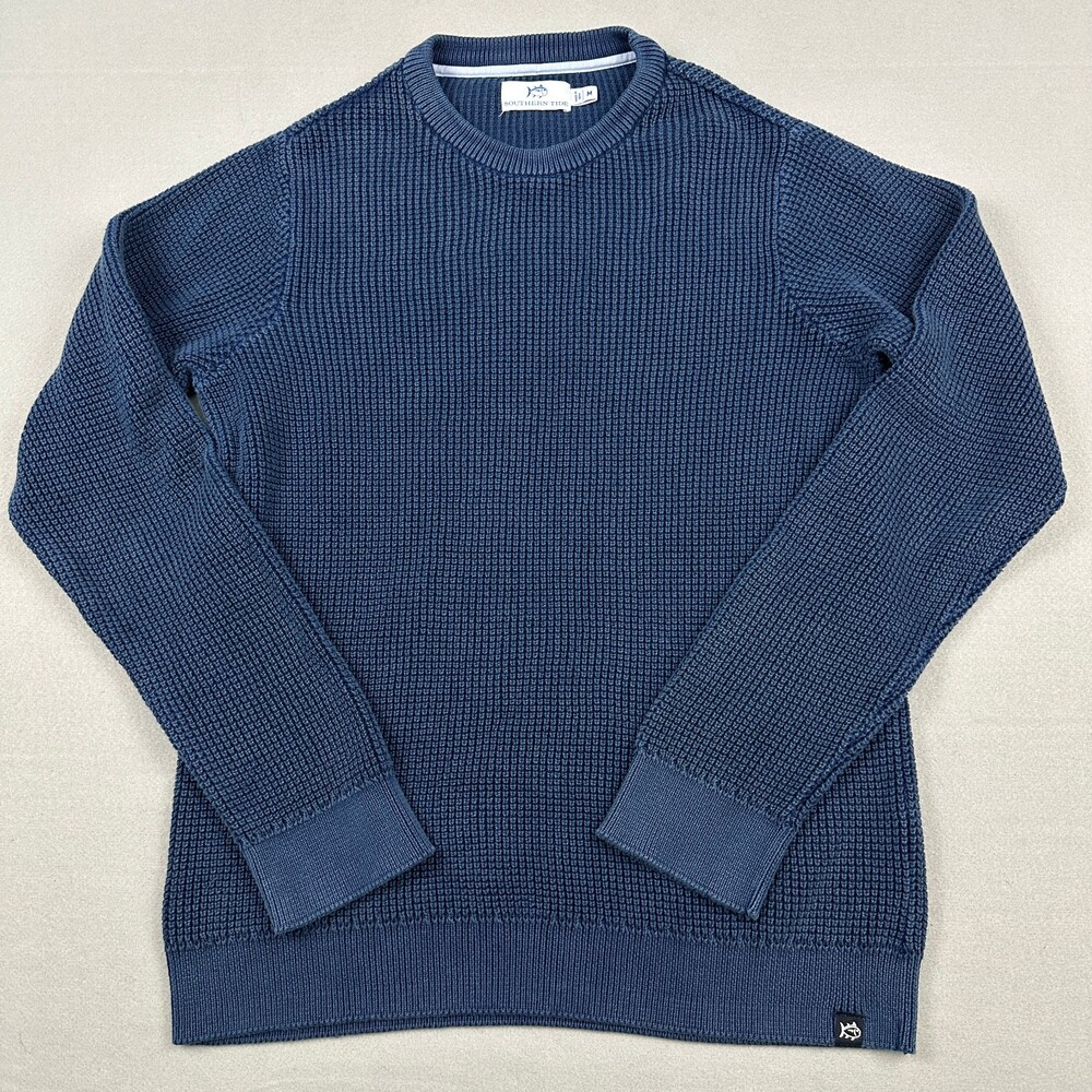 Southern Tide Sweater Men Medium Blue Solid Crewneck Pullover Fishing Knit M